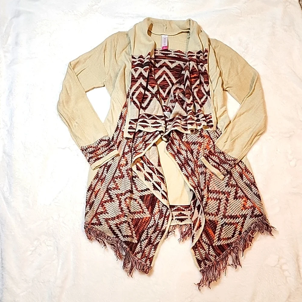 No boundaries taupe aztec fringe hem cardigan